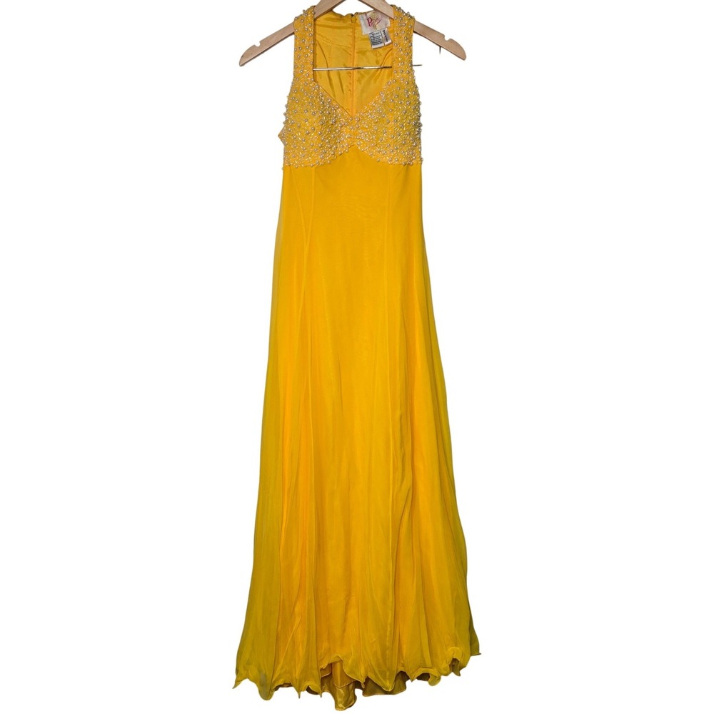 Precious Formals Vintage‎ Yellow Silk Beaded Pearl Evening Gown Maxi Dress 4